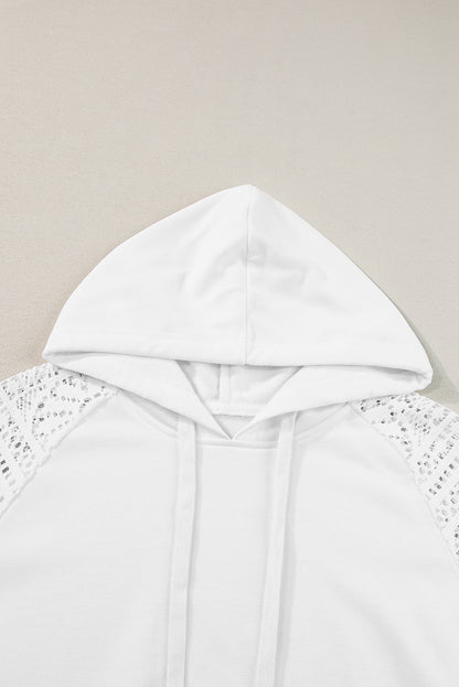 Lace Patchwork Sleeve Drawstring Hoodie | White