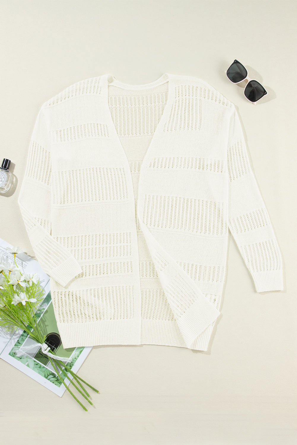 Solid Colour Lightweight Open Knit Tunic Cardigan | White