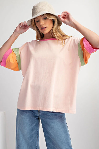 Colour Block Stitching Sleeve Round Neck Oversize Top | Pink