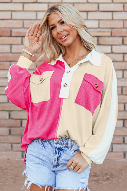 Colourblock Ribbed Collared Oversized Sweatshirt | Rose Red