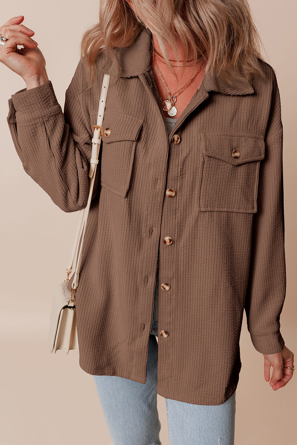 Corduroy Flap Pocket Button Up Shacket | Chestnut