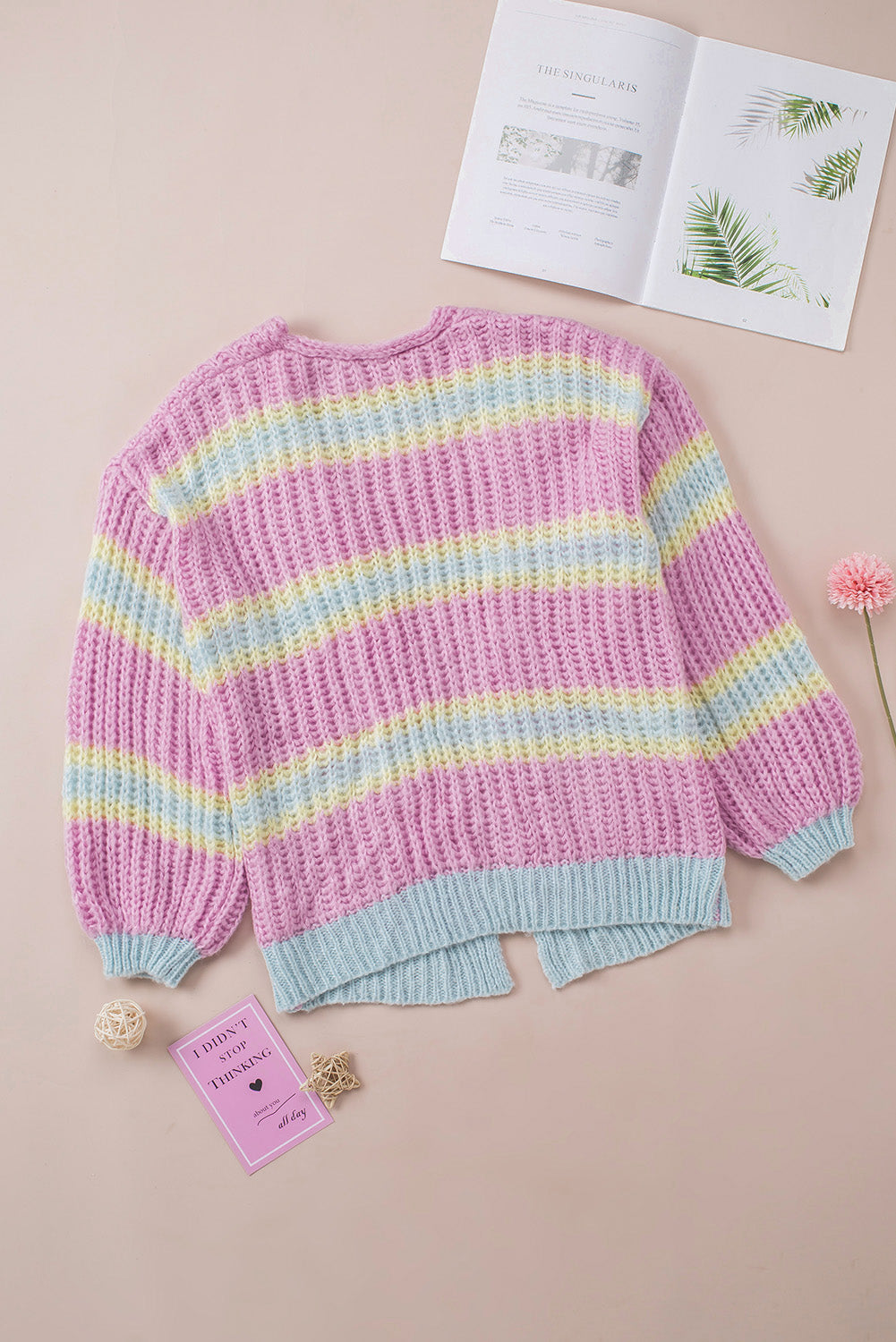 Contrast Striped Open Front Cable Cardigan | Pink