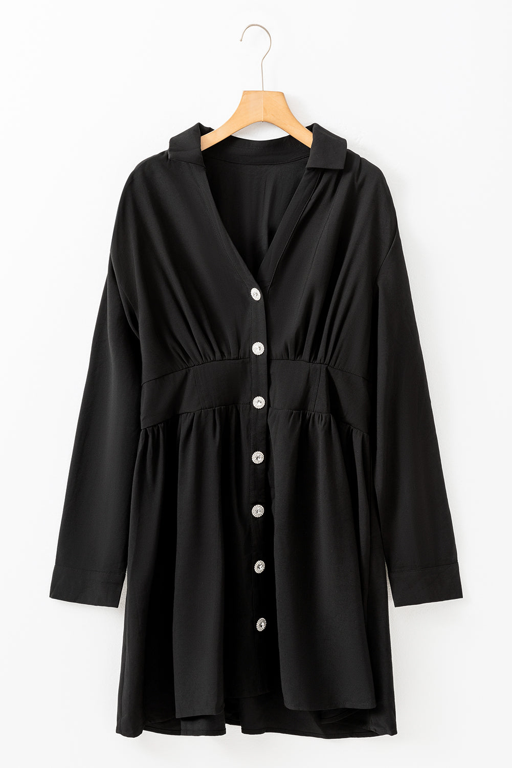 Elastic Cinched High Waist Long Sleeve Shirt Mini Dress | Black