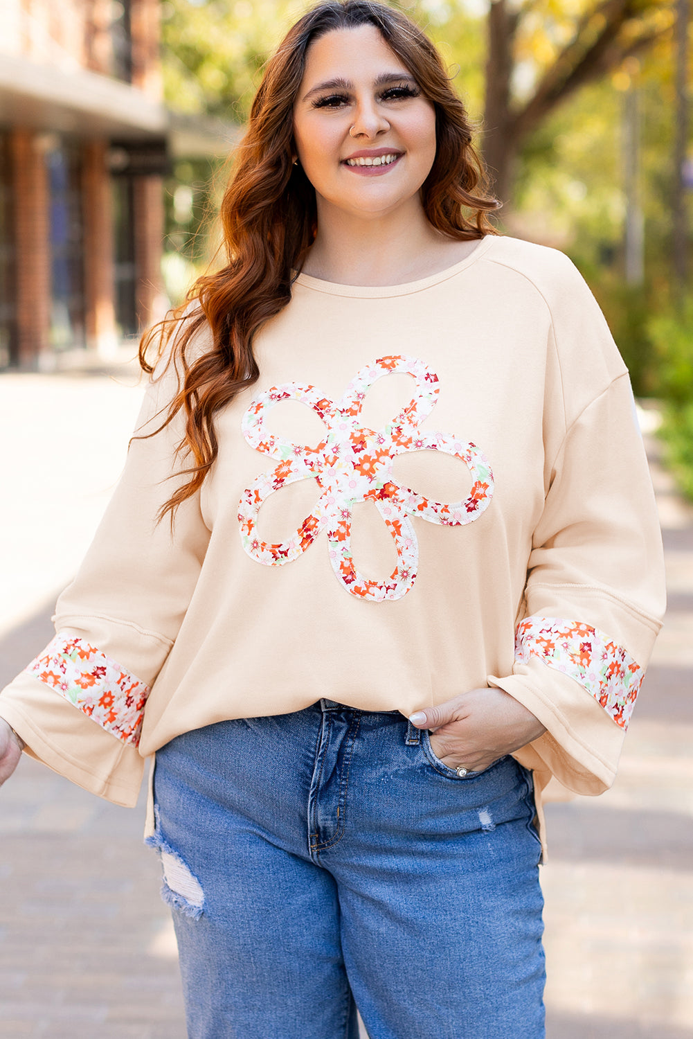 Plus Size Flower Patched Side Slits Crewneck Top | Beige