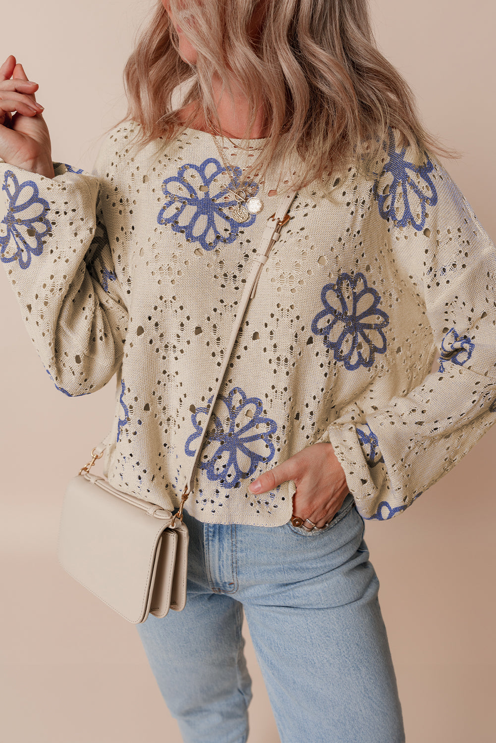 Contrast Flower Print Eyelet Drop Shoulder Sweater | Beige