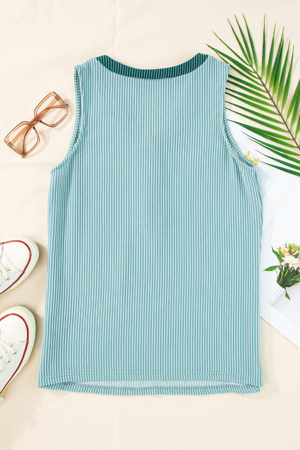 Buttoned Contrast V Neck Textured Tank Top | Mint Green