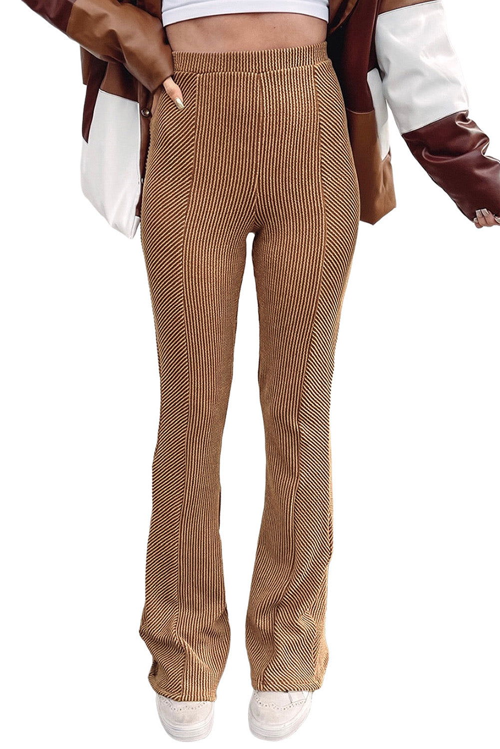 Ribbed Knit High Rise Flare Leggings | Brown