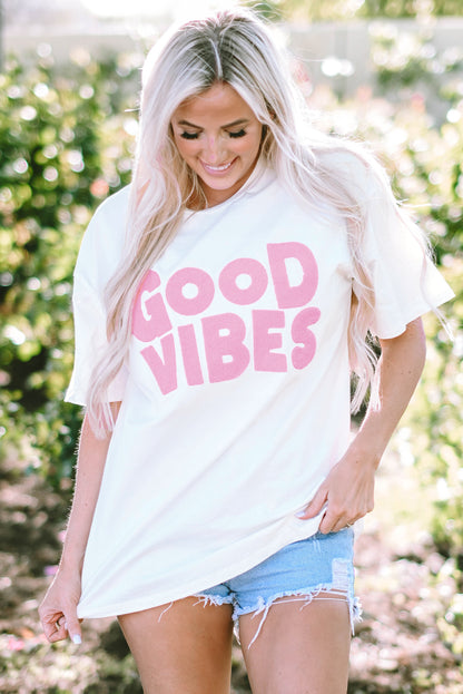 Good Vibes Chenille Embroidered Crewneck T Shirt | White