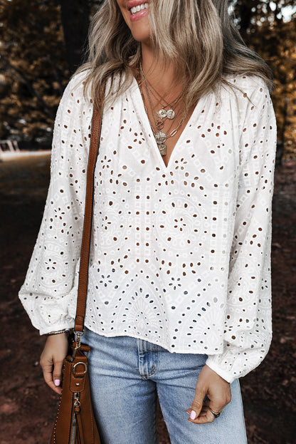 Eyelet Embroidered Puff Sleeve V Neck Blouse | White