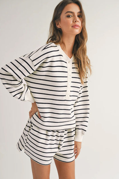 Black White Stripes Printed Half Button Long Sleeve Top And Shorts Set | Black white