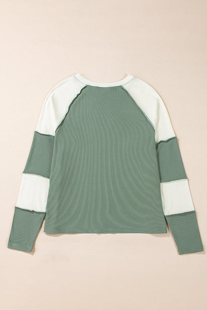 Ribbed Colourblock Patchwork Raglan Long Sleeve Top | Mint Green