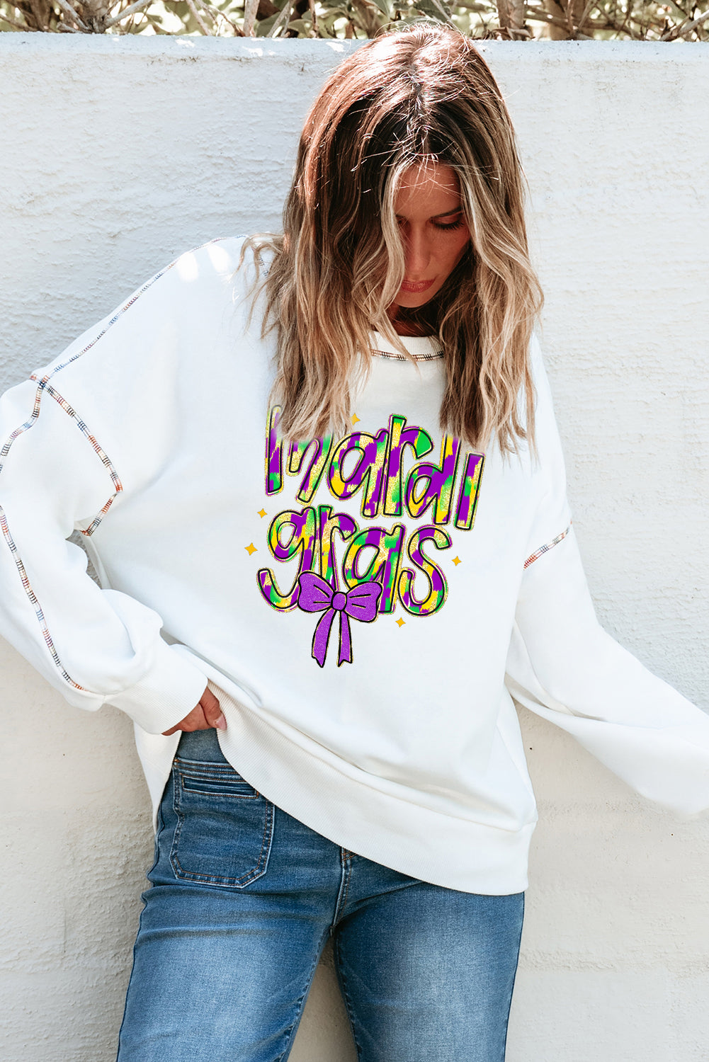 Mardi Gras Bowknot Printed Contrast Trim Drop Shoulder Sweatshirt | White