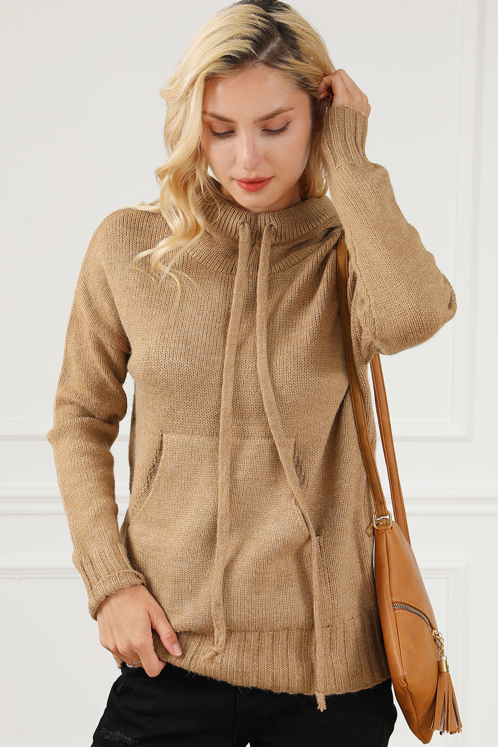 Cowl Neck Drawstring Pullover Hooded Sweater | Brown