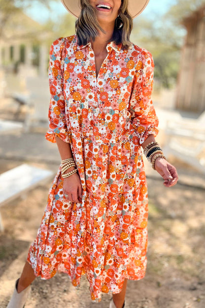 Boho Floral Collared Long Sleeve Ruffled Dress | Multicolour