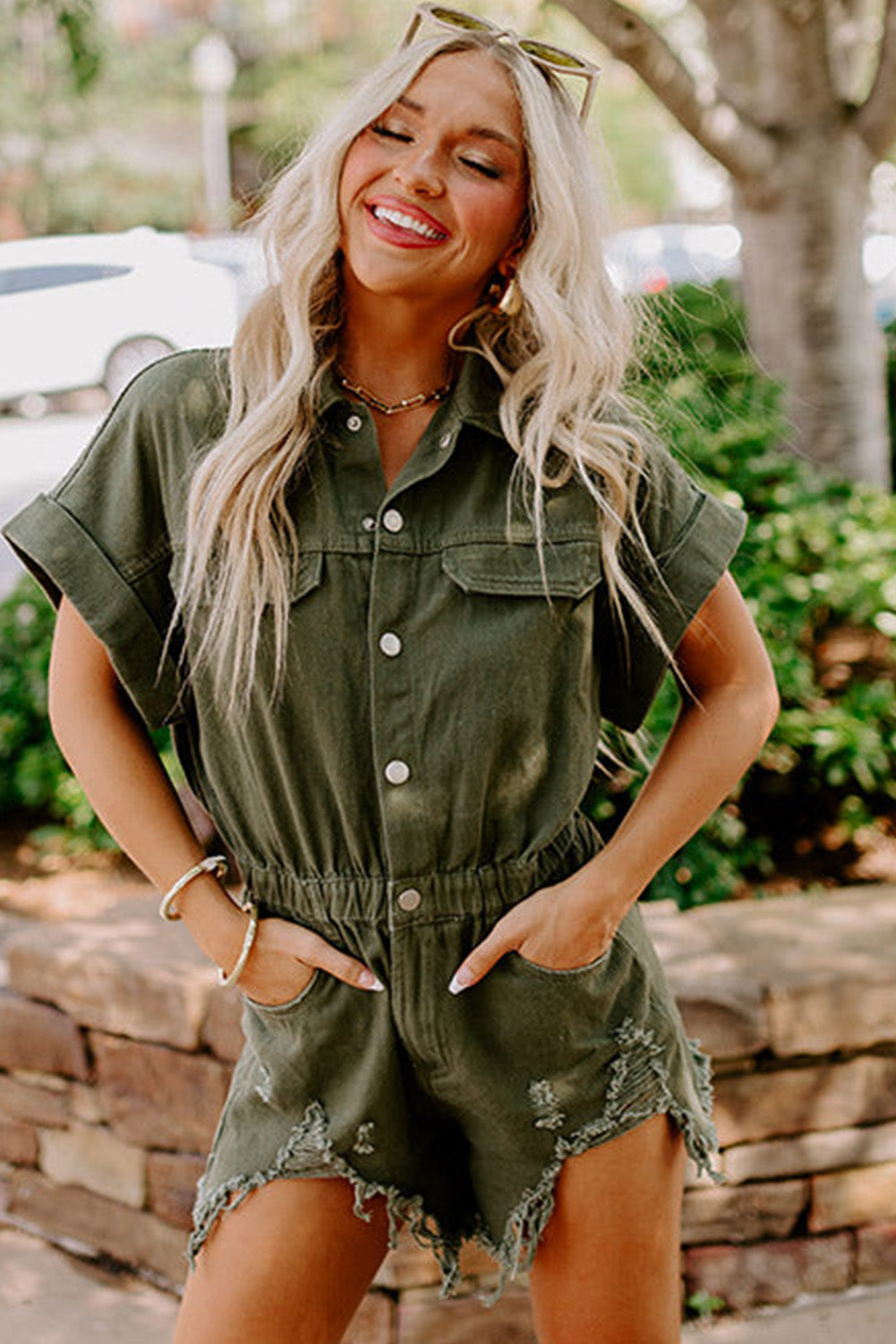 Distressed Frayed Denim Romper | Moss Green