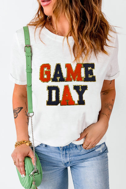 Glitter Game Day Rugby Football Season Round Neck T Shirt | White