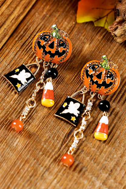 Halloween Rhinestone Pumpkin Ghost Tassel Earrings | Orange