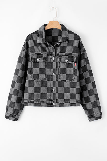 Checkered Patchwork Button Up Denim Jacket | Black