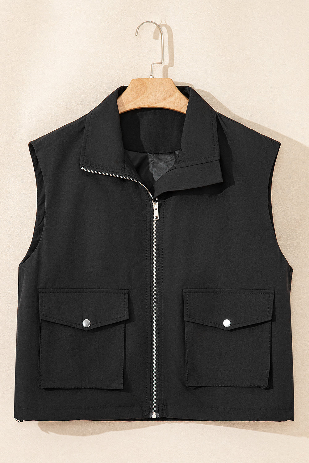 Flap Pockets Zip Up High Neck Vest | Black