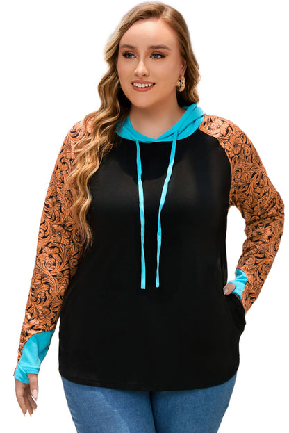 Western Print Colour Block Plus Size Hoodie | Black