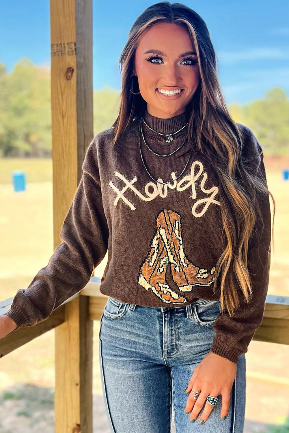 Western Howdy Boot Graphic High Neck Sweater | Coffee