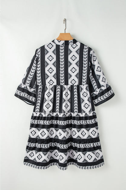 Geometric Print V Neck Ruffled Dress | Black