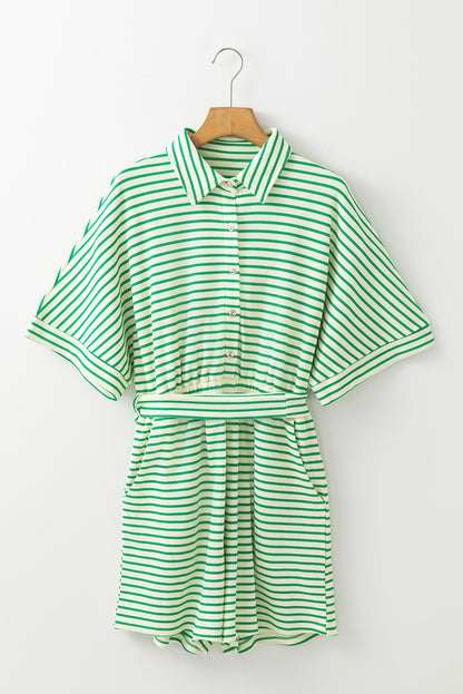 Textured Short Sleeve Collared Buttoned Waist Tie Romper | Green Stripe