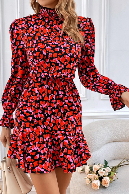 Valentines Day Heart Shape Print Long Sleeve Mini Dress | Red