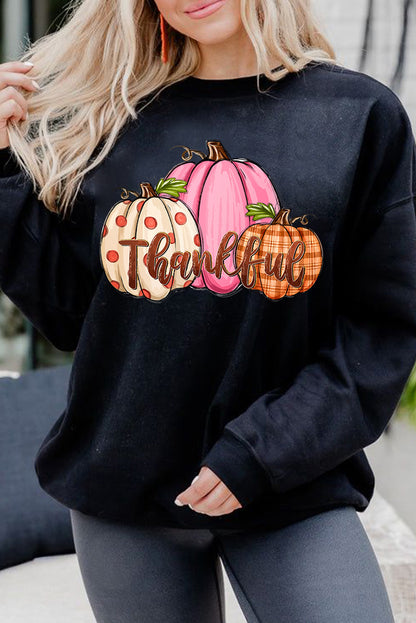 Pumpkin Thankful Drop Shoulder Thanksgiving Pullover Sweatshirt | Black