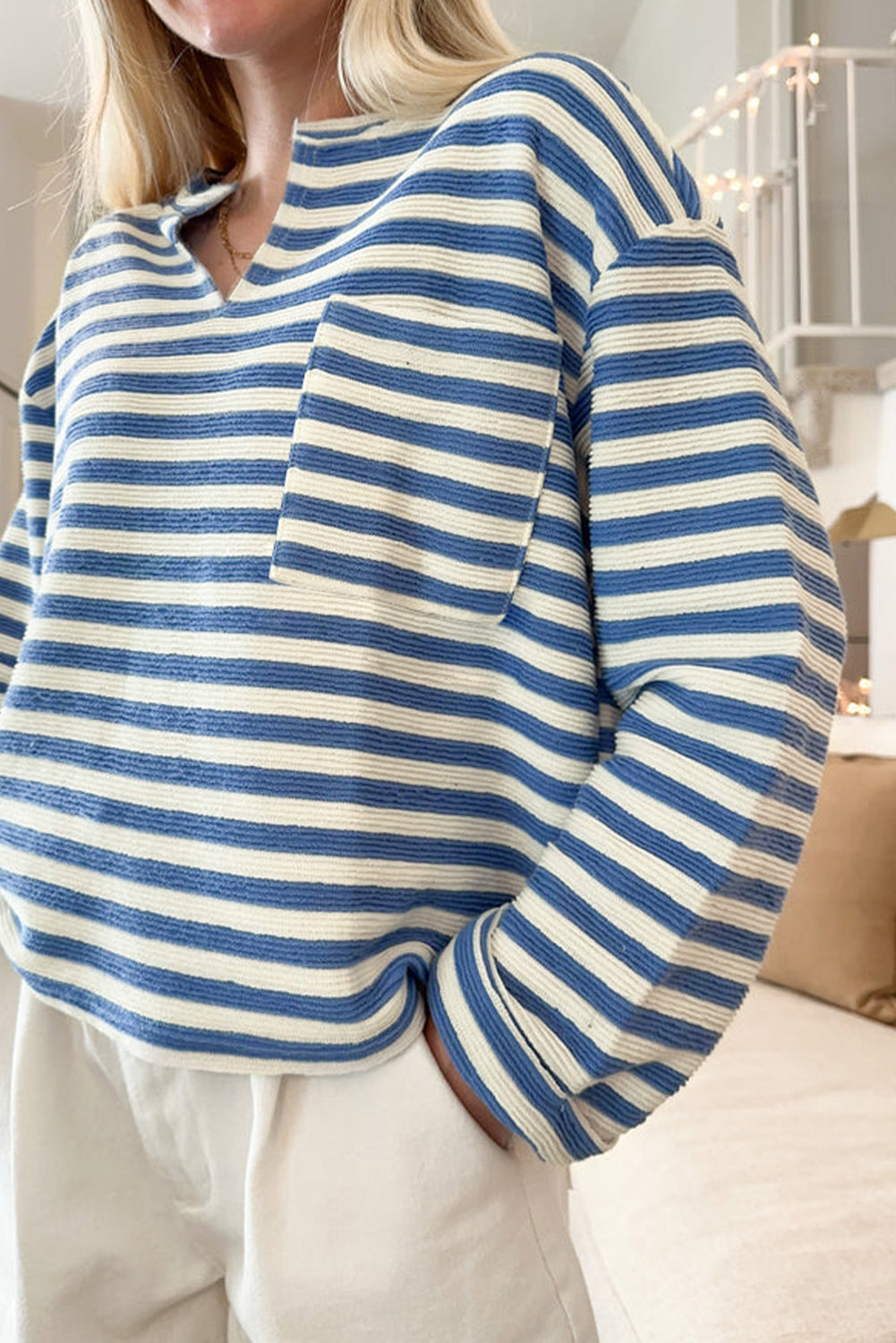 Chest Pocket Buttoned Back Notched V Neck Top | Sky Blue Stripe