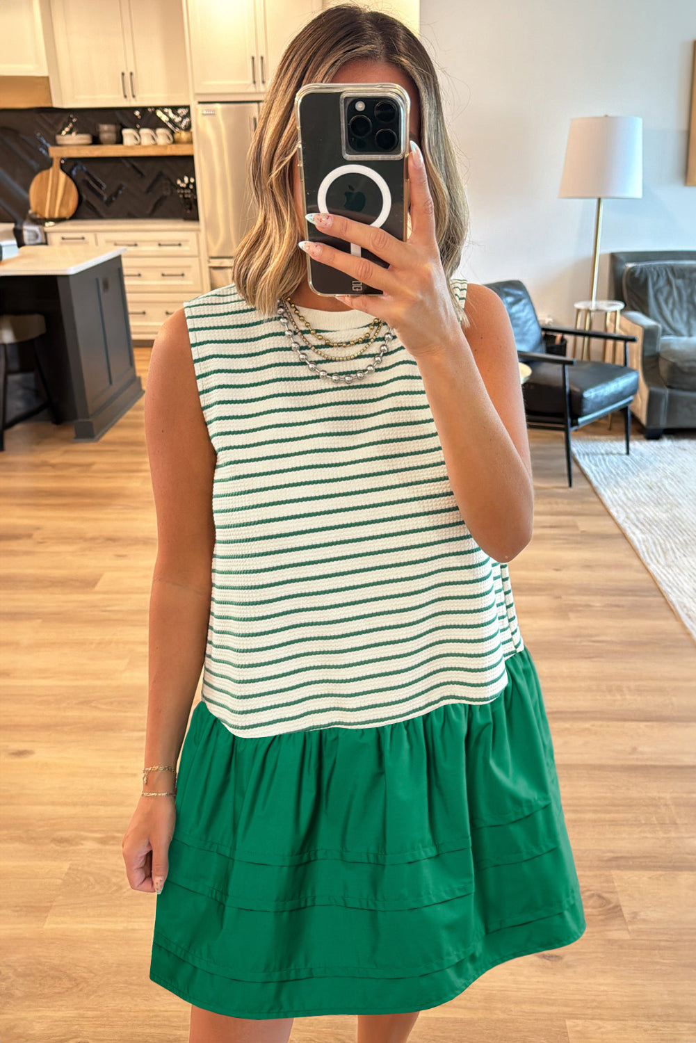 Woven Ruffled Sleeveless Mini Dress | Green Stripe