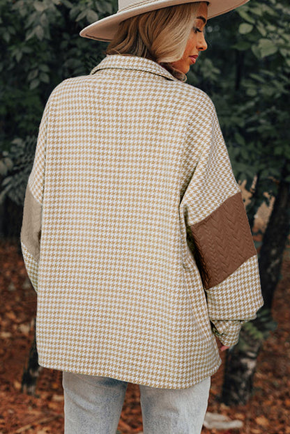 Houndstooth Colour Contrast Textured Patchwork Loose Shacket | Khaki