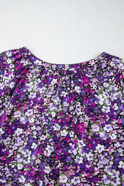 Boho Flower Split V Neck Bubble Sleeve Blouse | Purple