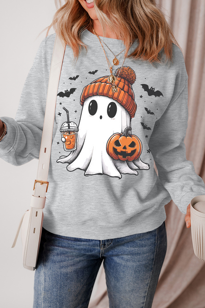 Halloween Ghost Print Crewneck Drop Shoulder Sweatshirt | Gray