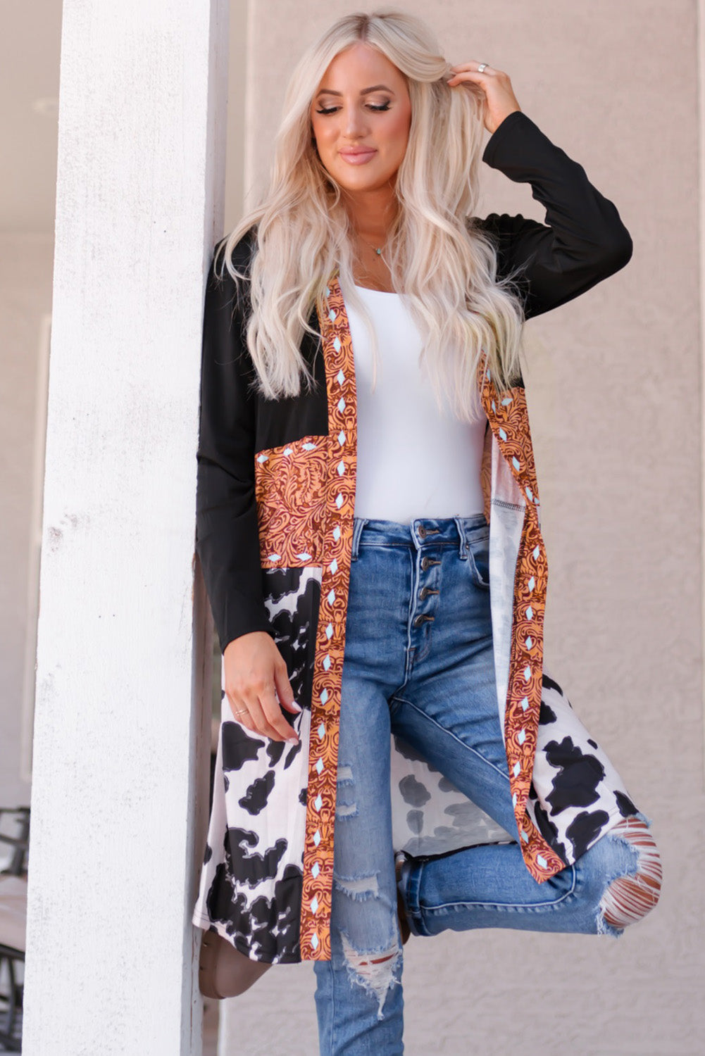 Western Pattern Cow Patchwork Open Front Cardigan | Black