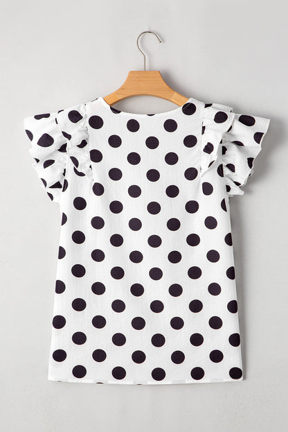 Polka Dot Print Ruffled Sleeve V Neck Blouse | White