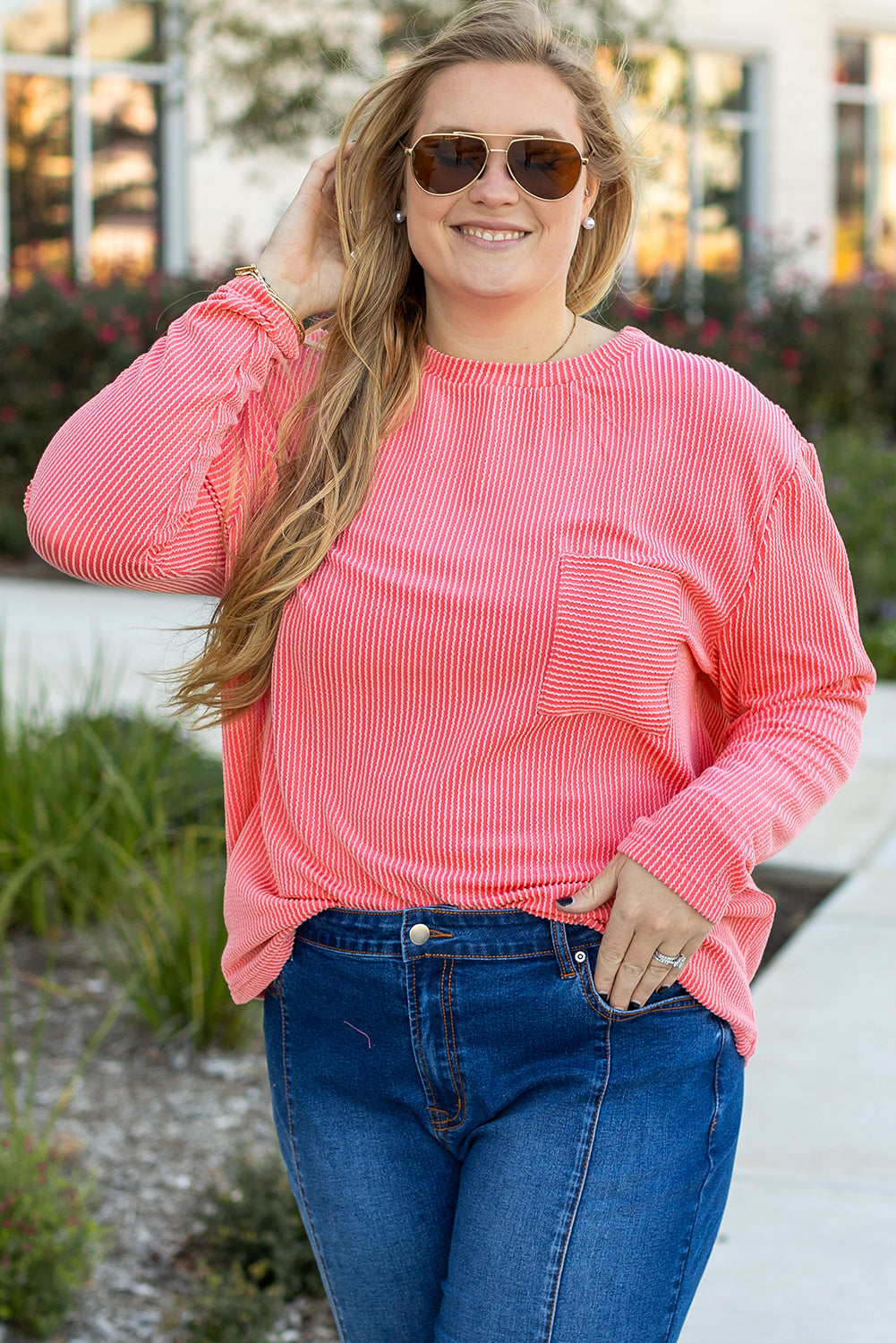 Plus Size Ribbed Textured Long Sleeve T Shirt | Peach Blossom