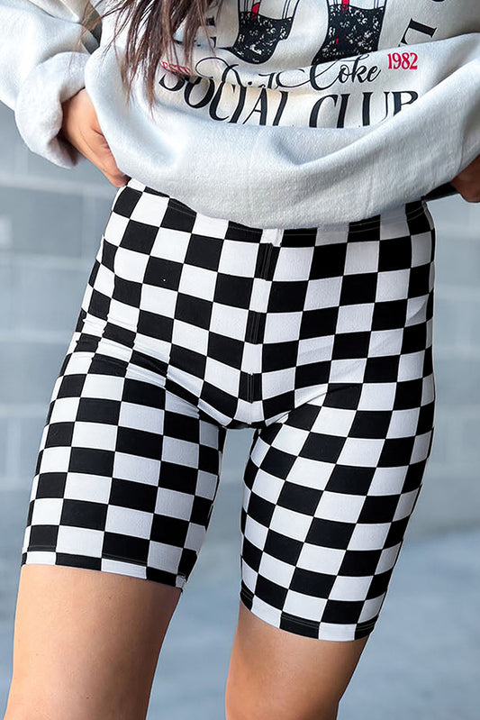 Black Checkerboard Printed High Waist Biker Shorts