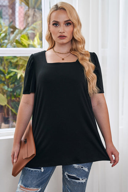 Plus Size Square Neck Ruched Shoulder Short Sleeve Top | Black