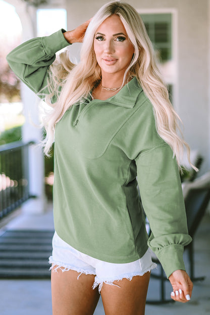 Casual Zip Collared Pullover Sweatshirt | Green