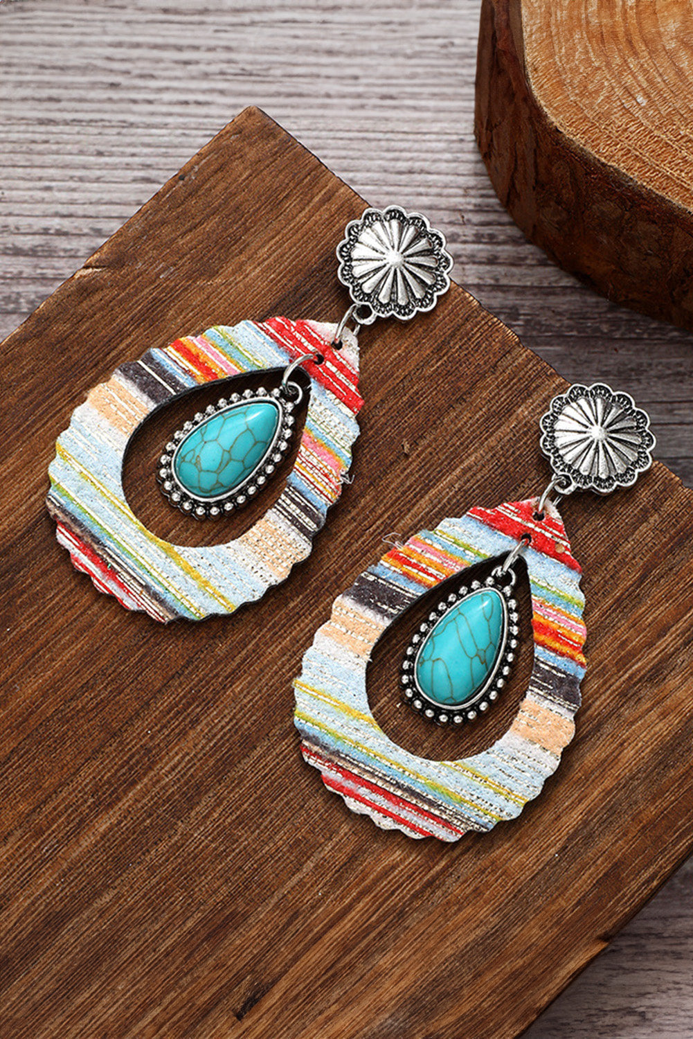 Hollowed Waterdrop Shape Leather Turquoise Earrings | Red