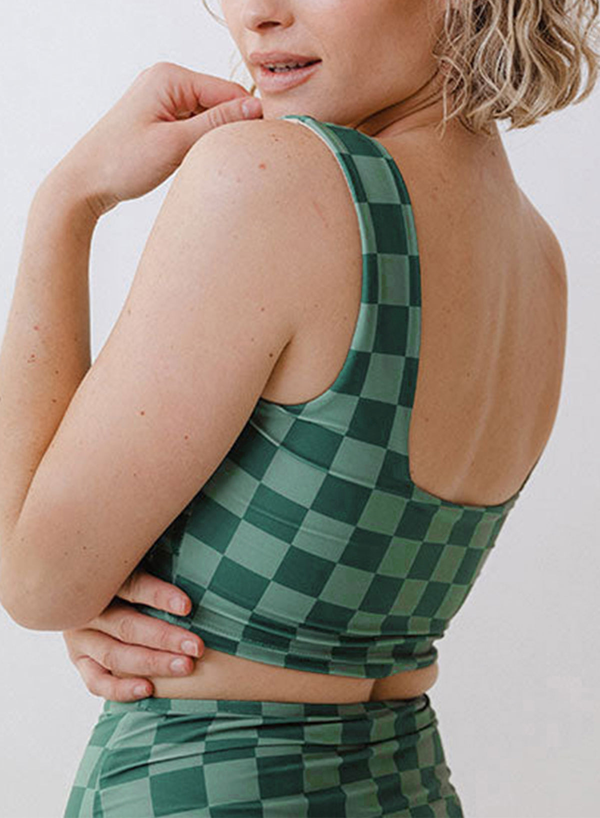 Checkered Print Square Neck Cropped Swim Top | Green