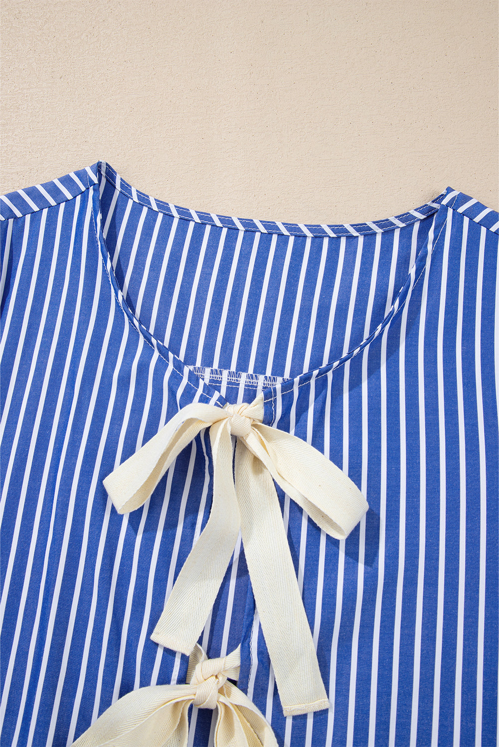 Tied Front Puff Short Sleeve Blouse | Blue Stripe