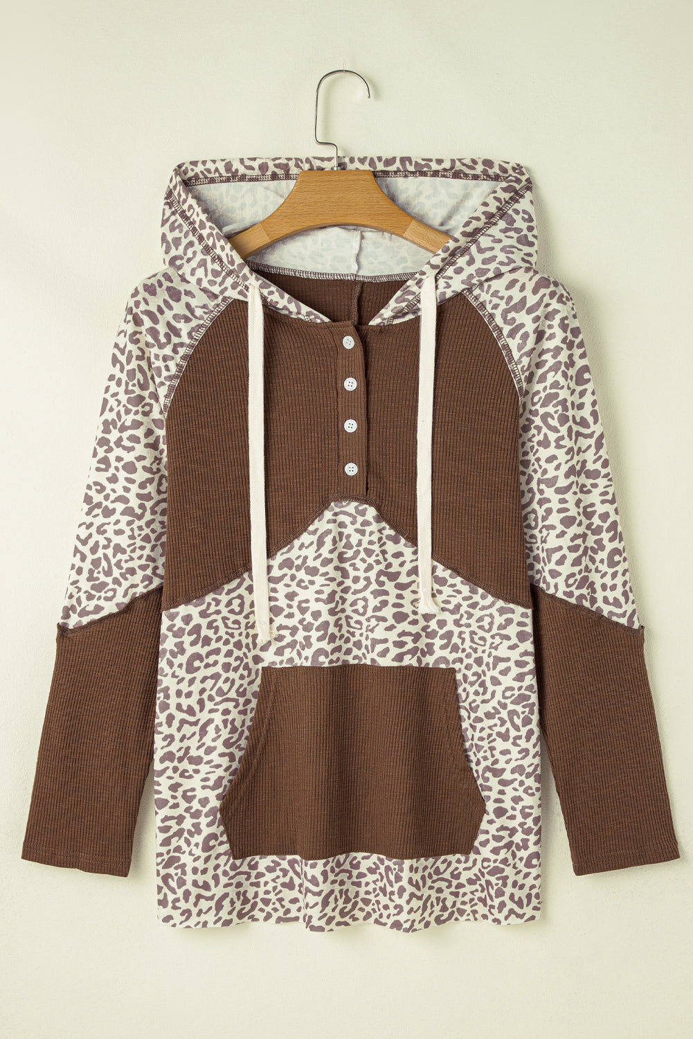 Ribbed Patchwork Buttoned Hoodie | Leopard Print