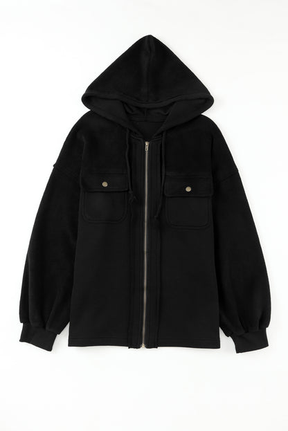 Flap Pocket Drawstring Hood Zip Up Jacket | Black