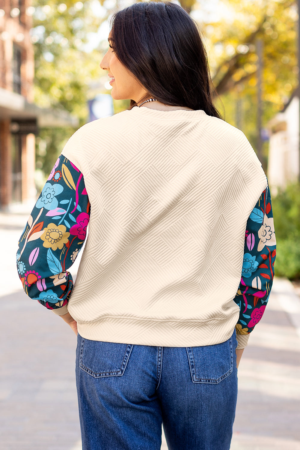 Contrast Floral Sleeve Textured Drop Shoulder Knit Top | White