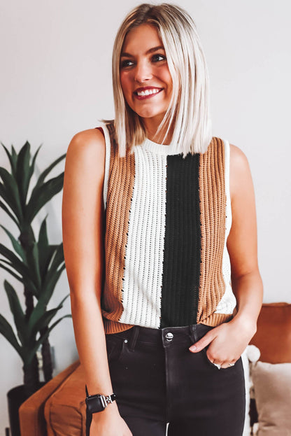 Colour Block Sleeveless Knitted Sweater Vest | Khaki Stripe