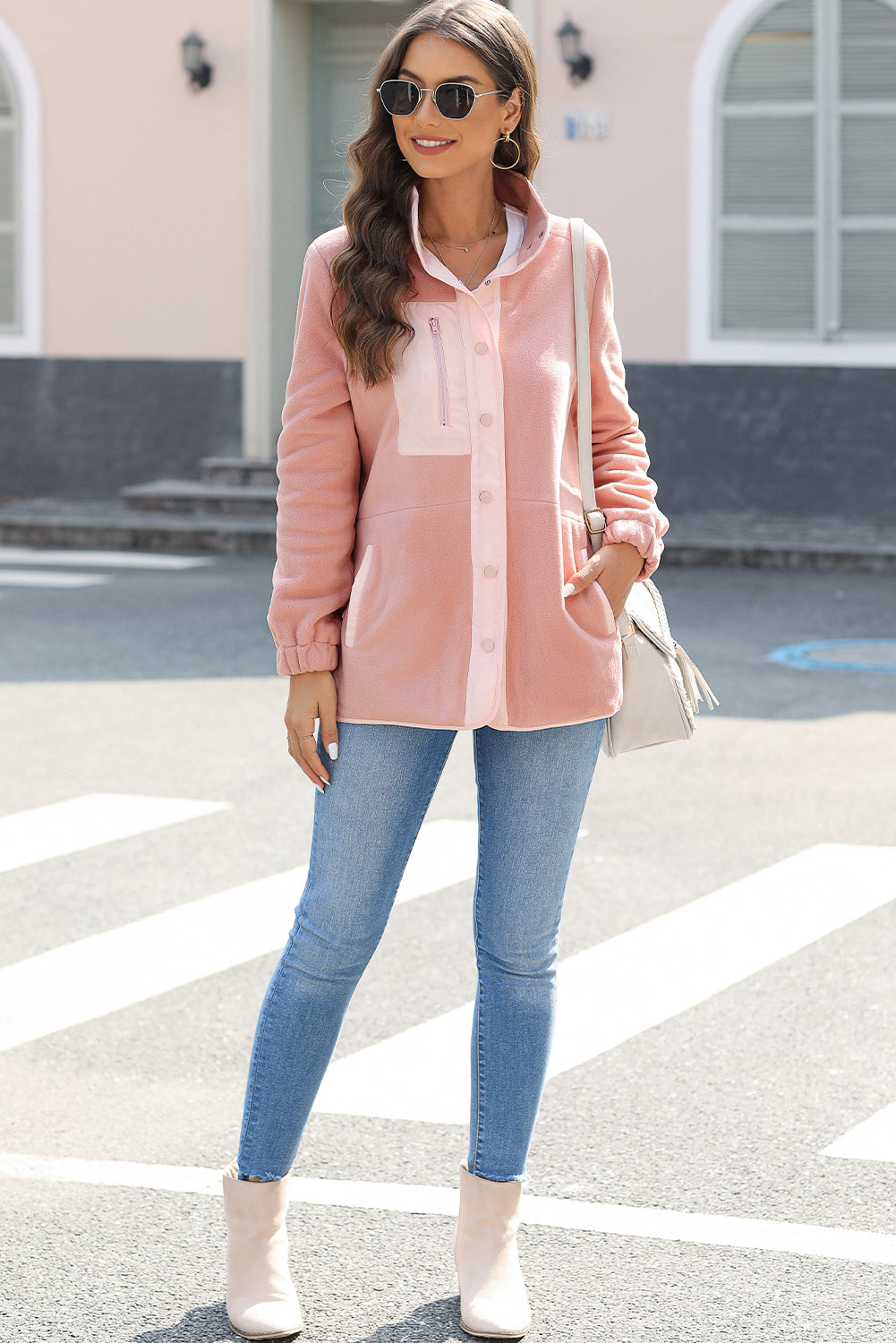 Pink Sherpa Contrast Trim Zipped Pocket Jacket | Apricot Powder