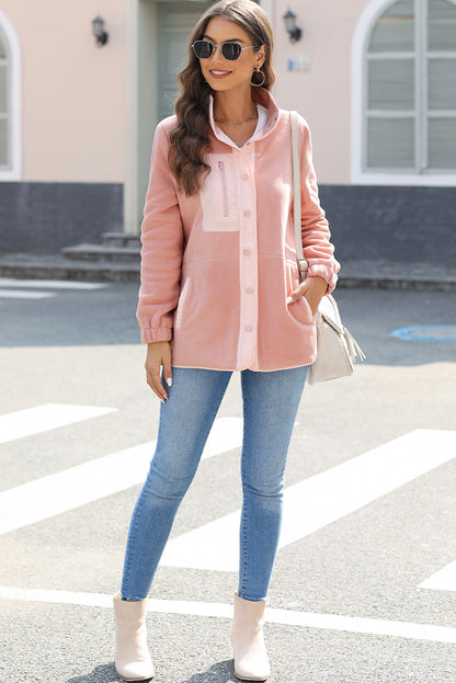 Pink Sherpa Contrast Trim Zipped Pocket Jacket | Apricot Powder