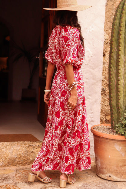 Paisley Print Side Slit Puff Sleeve High Waist Maxi Dress | Red